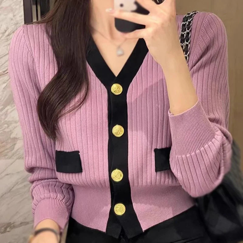 Women's Korean Version Sweater jacket V-neck Knitted Long Sleeved Cardigan Jacket - Tasawoq