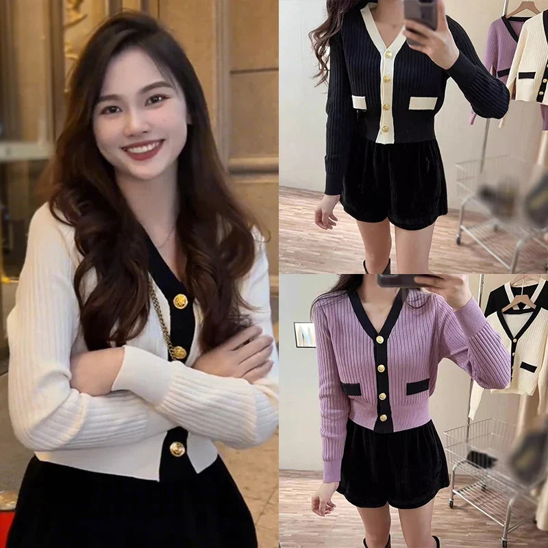 Women's Korean Version Sweater jacket V-neck Knitted Long Sleeved Cardigan Jacket - Tasawoq