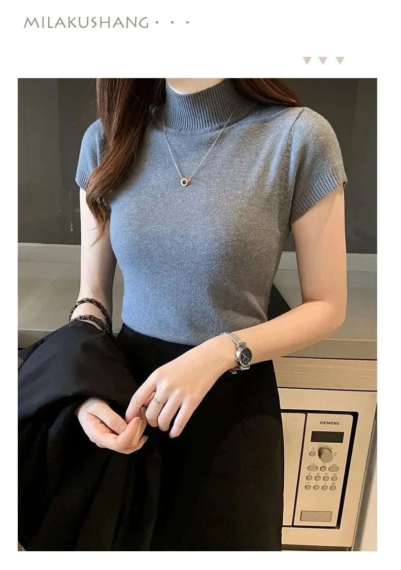 Women's Half-High Neck T-Shirt Fashion Jumper Casual Tops Korean Style Elegant Solid-Coloured Clothing Spring And Summer Season - Tasawoq
