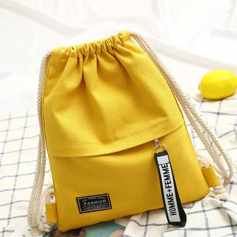 1 Pc Canvas School Bag Double Shoulder Drawstring Backpack Drawstring Pocket Portable Casual Backpack Women Men Travel Backpack - Tasawoq
