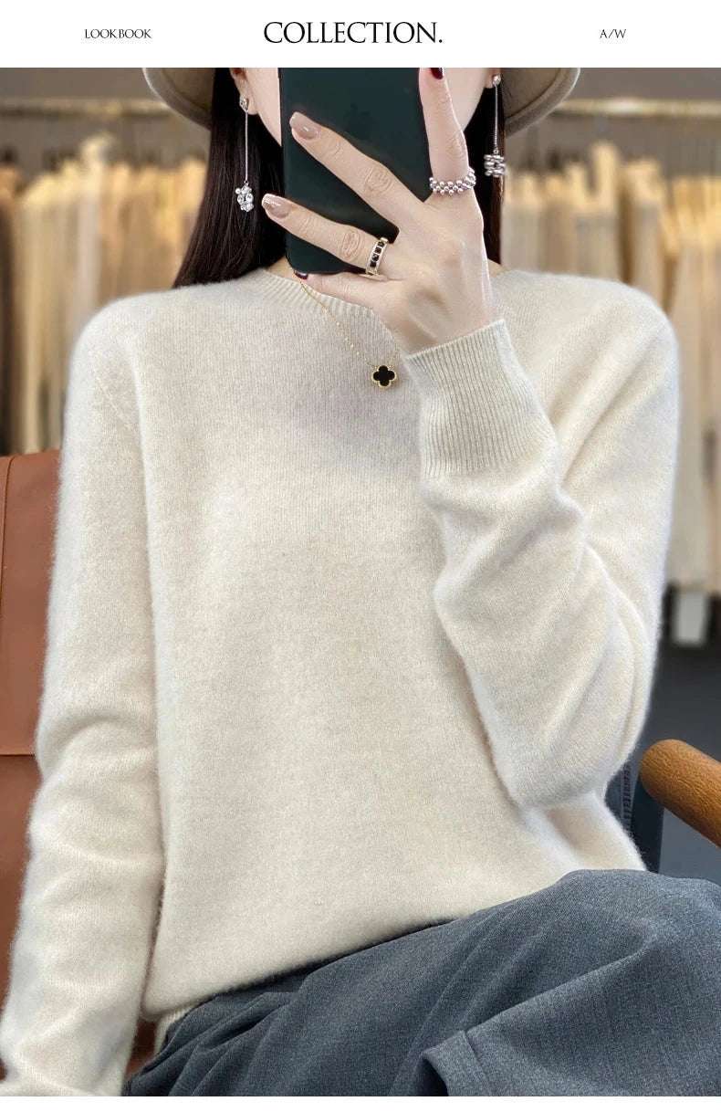 Women's 100% Beautiful Wool Round Neck Top Fashion Versatile Knitted Loose Long Sleeve Pullover Thin Sweater Yuan Ling - Tasawoq