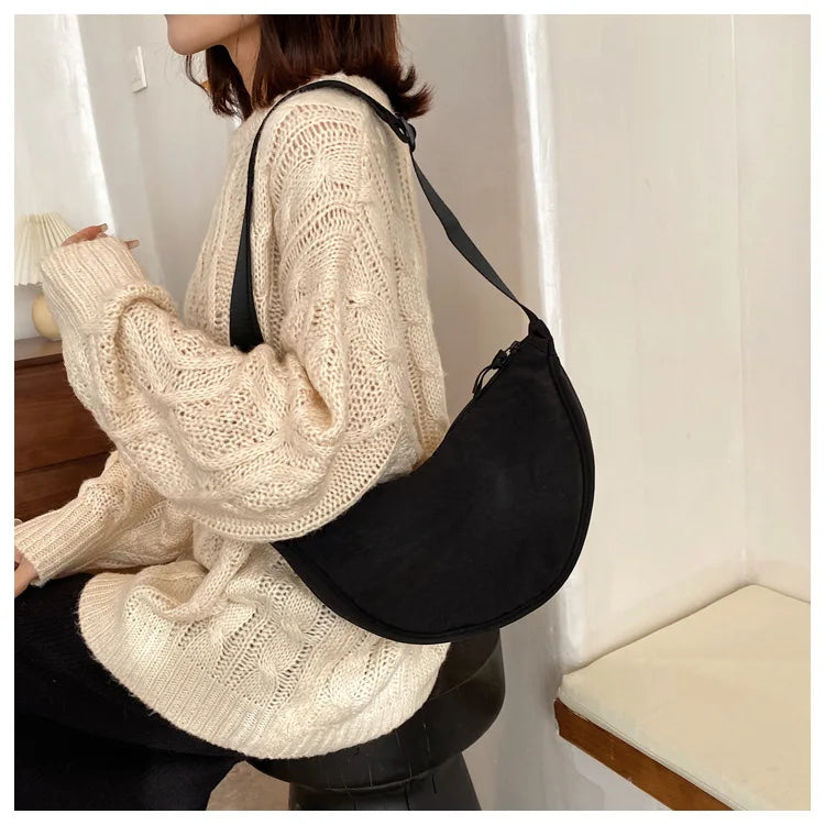 Solid Color Women's Portable Shoulder Bag Simple Female Nylon Cloth Padded Crossbody Bags Travel Purse Handbags Messenger Bag - Tasawoq