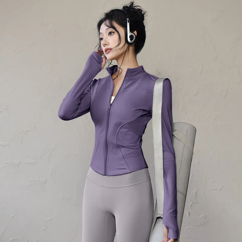 Long Sleeve Sports Jacket Women Zip Fitness Yoga Shirt Winter Warm Gym Top Activewear Running Coats Workout Clothes For Cycling - Tasawoq