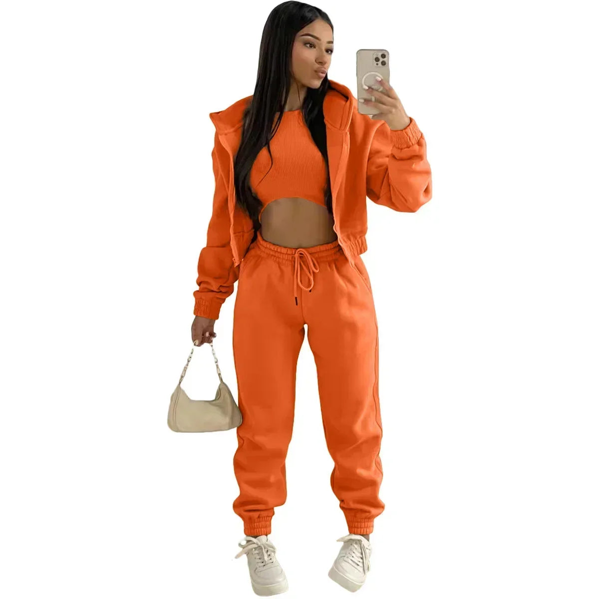 3pcs Women's Clothing Set Fleece-lined Hooded Sweater &Sleeveless Tank Top & Sports Sweatpants Pants - Tasawoq