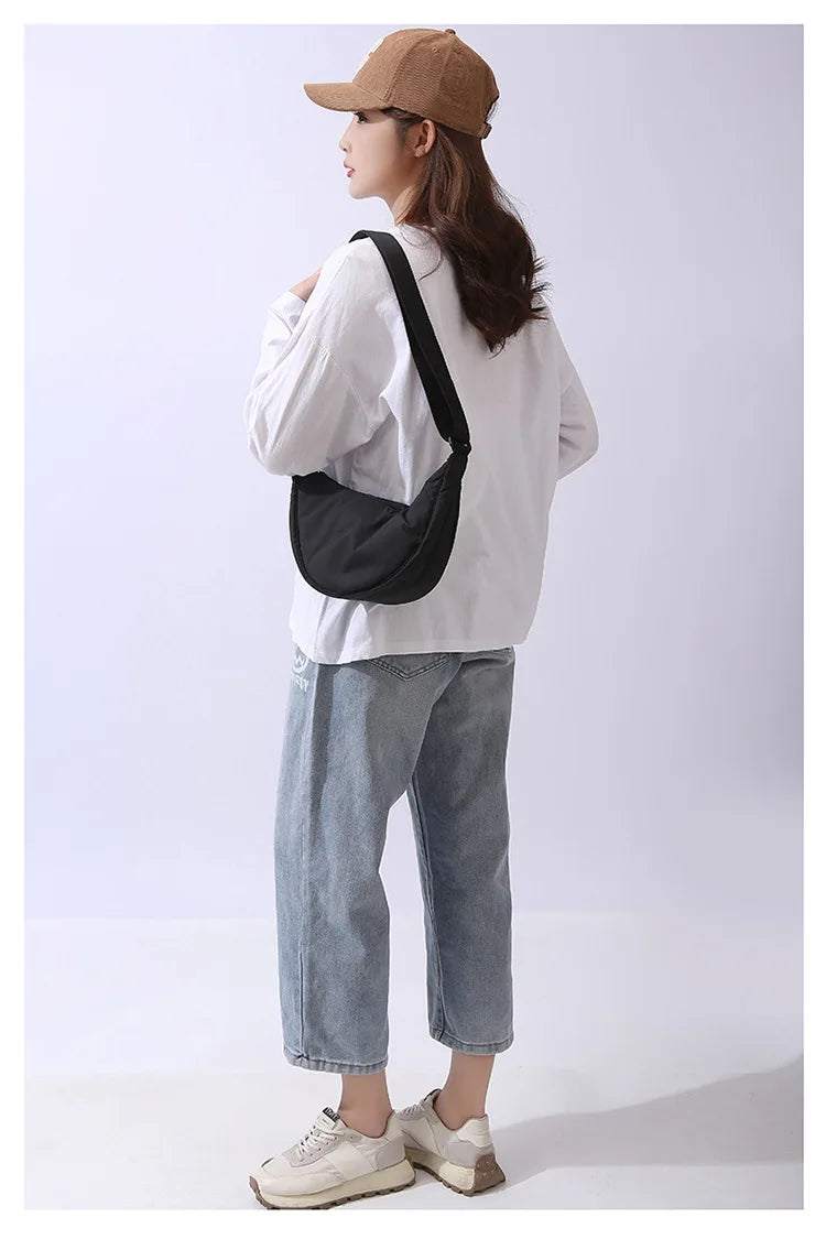 Solid Color Women's Portable Shoulder Bag Simple Female Nylon Cloth Padded Crossbody Bags Travel Purse Handbags Messenger Bag - Tasawoq
