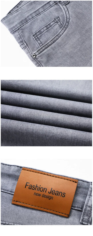 Summer Thin Men's Elastic Cotton Jeans Fashion Gray Comfortable Business Straight Casual Pants Brand Male Clothes Trousers - Tasawoq