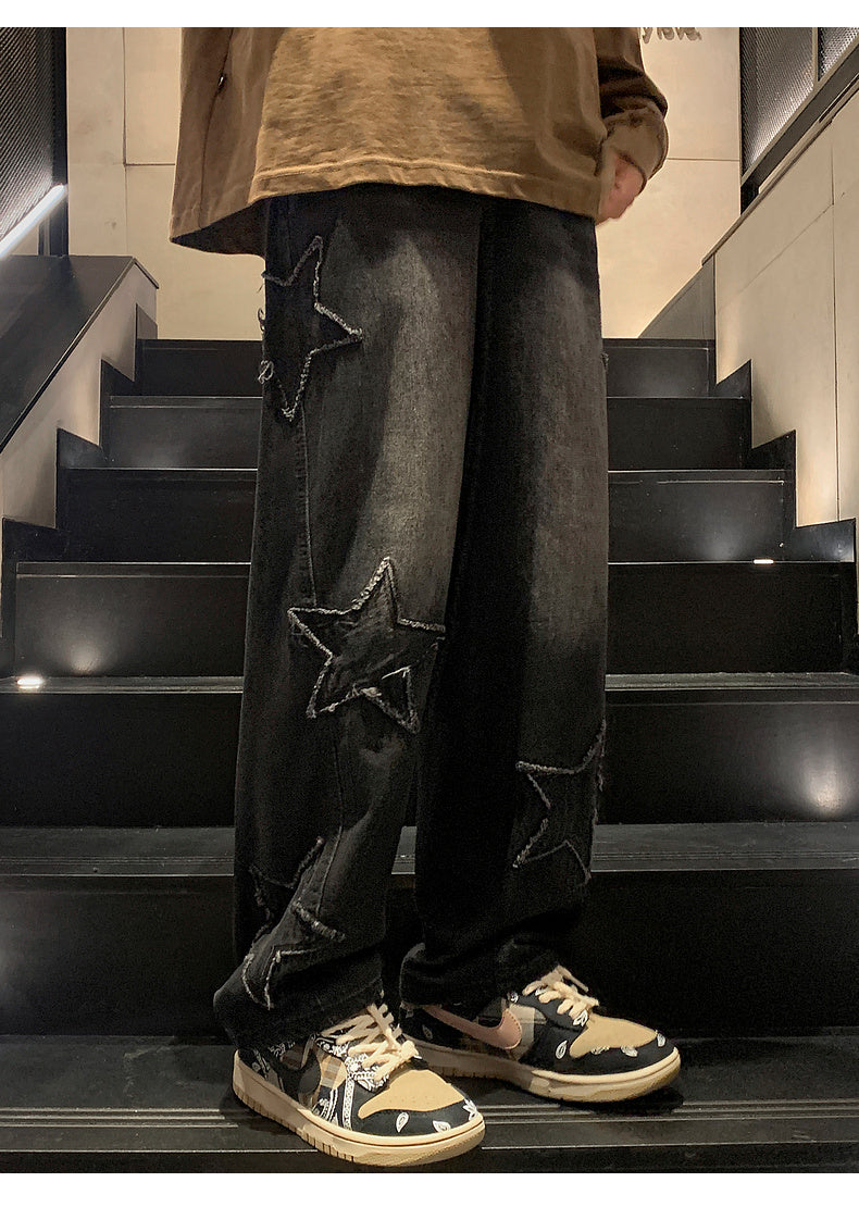Star Embroidery Straight Casual Men Jeans Gothic Neutral New Wide Leg Loose Hip-hop Fashion Youth Streetwear Denim Trousers Y2K - Tasawoq
