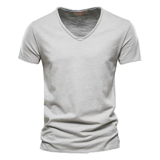AIOPESON 100% Cotton Men T-shirt V-neck Fashion Design Slim Fit Soild T-shirts Male Tops Tees Short Sleeve T Shirt For Men - Tasawoq