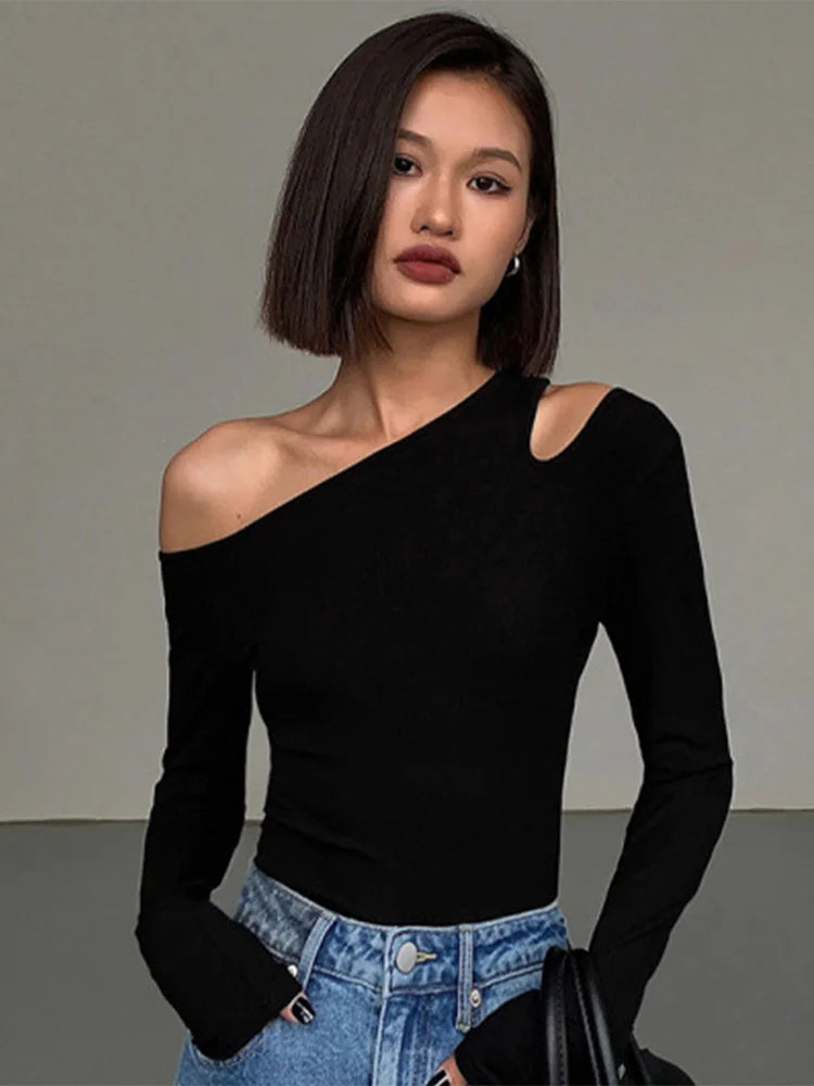 Fashion Skew Collar Off-shoulder Long-sleeved T-shirts Women Spring New Solid Slim Fit Crop Top Sexy Hollow Out Tees Shirts - Tasawoq