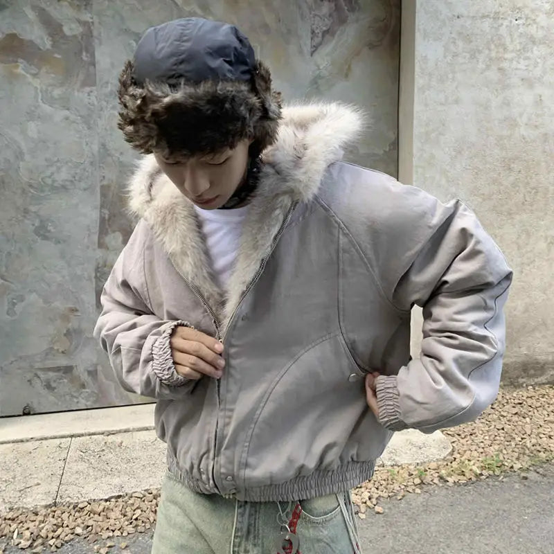 American Retro Woolen Collar Hooded Cotton Jacket Winter Thick Plush Top Men Street Hip-Hop Gothic Harajuku Oversize Jacket Coat - Tasawoq