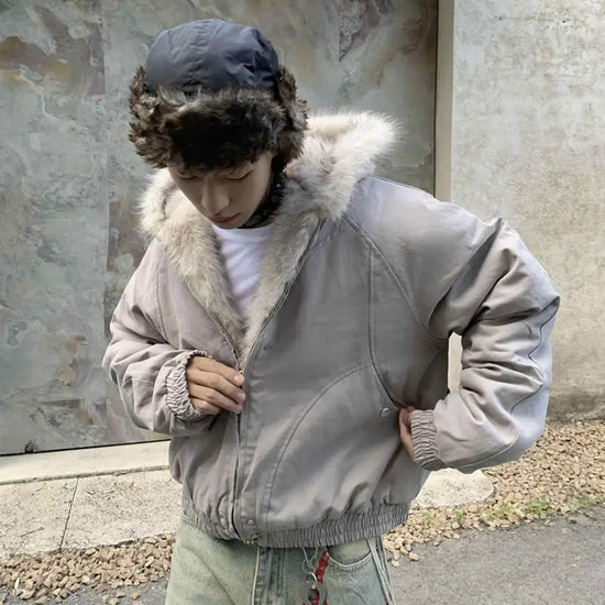 American Retro Woolen Collar Hooded Cotton Jacket Winter Thick Plush Top Men Street Hip-Hop Gothic Harajuku Oversize Jacket Coat - Tasawoq