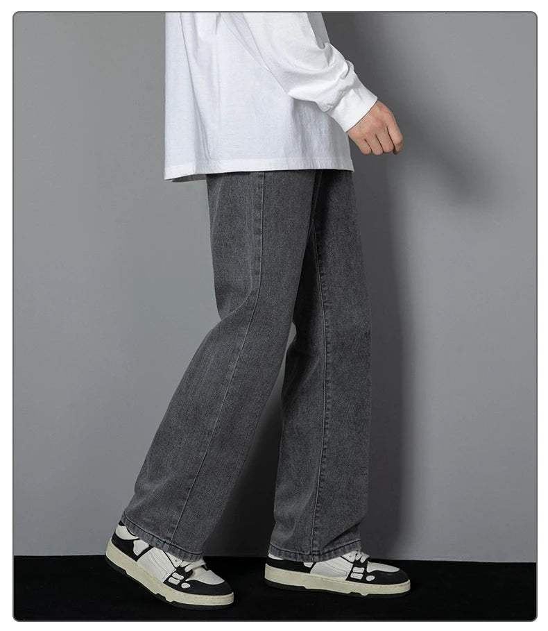 2025 New Korean Men's Casual Long Jeans Classic Man Straight Denim Wide-leg Pants Solid Color Light Blue Grey Black - Tasawoq