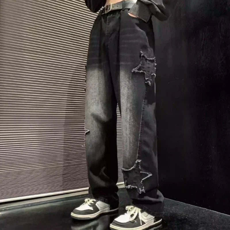 Stars Patchwork Men Jeans New Fashion Y2K Tassel Pants Korea Clothes Straight Hip Hop Splicing Trousers Male Streetwear - Tasawoq