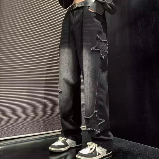 Stars Patchwork Men Jeans New Fashion Y2K Tassel Pants Korea Clothes Straight Hip Hop Splicing Trousers Male Streetwear - Tasawoq