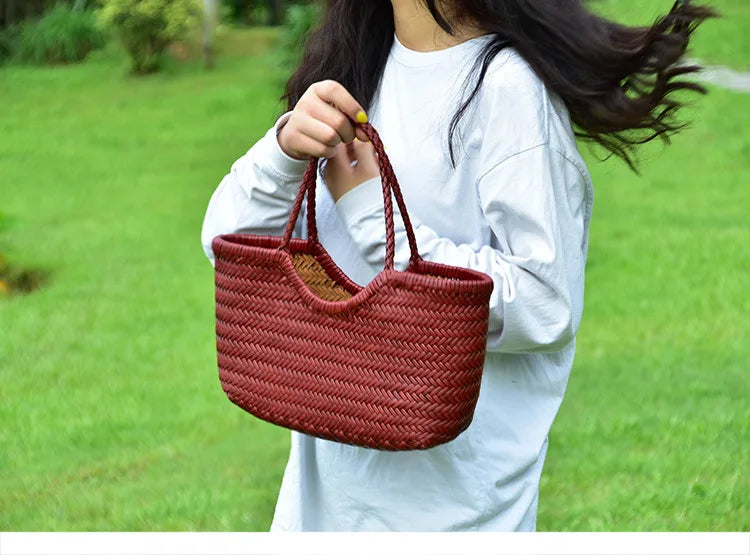 Handbags Women's Genuine Leather Shoulder Bag Weaving Casual Shopping Bag Vintage Big Tote Purse Cowhide Cross Hand Bags Lady - Tasawoq