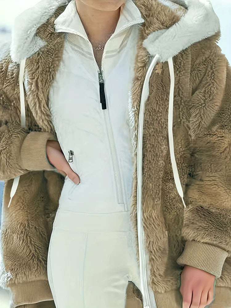 Women's Jacket Plush Zipper Pocket Hooded Long Sleeve Solid Fur Casual Loose Warm Winter Ladies Coats 2024 Fashion Thick Clothes - Tasawoq