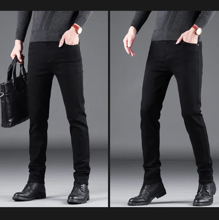Spring Autumn New Men's Pure Black Slim Jeans Elastic Straight Pants Business Fashion Leisure Korean Vintage Denim Pants Male - Tasawoq