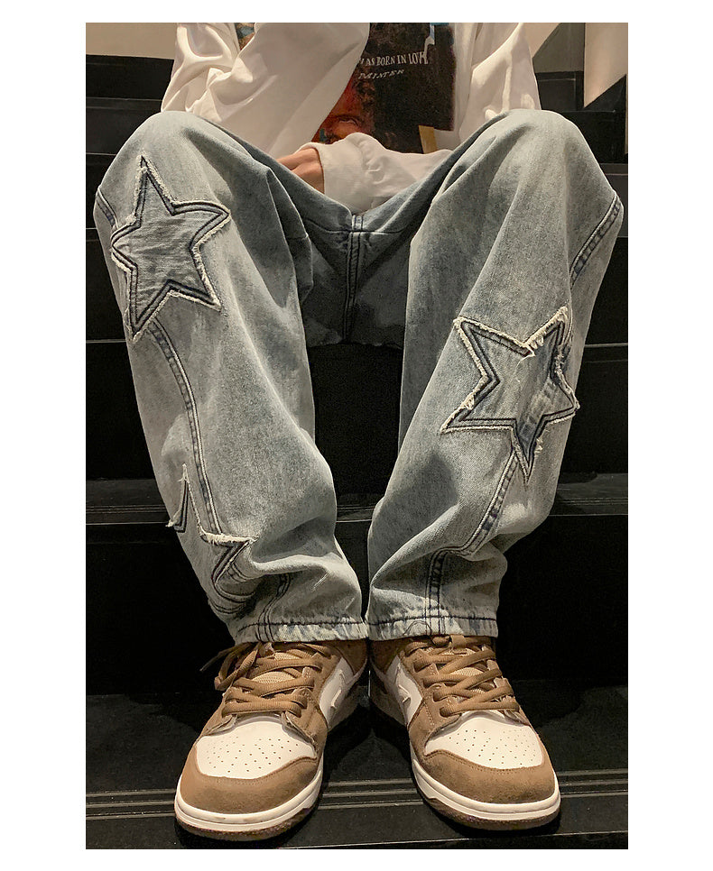 Star Embroidery Straight Casual Men Jeans Gothic Neutral New Wide Leg Loose Hip-hop Fashion Youth Streetwear Denim Trousers Y2K - Tasawoq