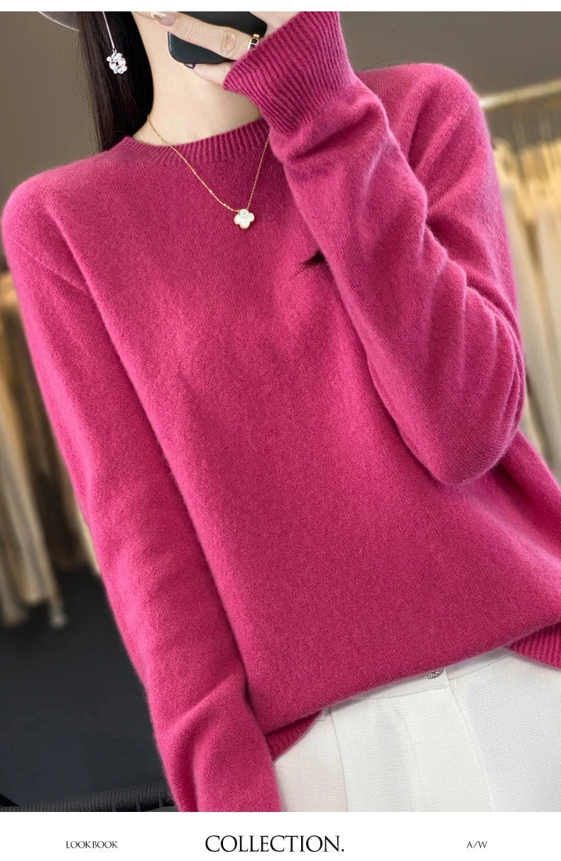 Women's 100% Beautiful Wool Round Neck Top Fashion Versatile Knitted Loose Long Sleeve Pullover Thin Sweater Yuan Ling - Tasawoq