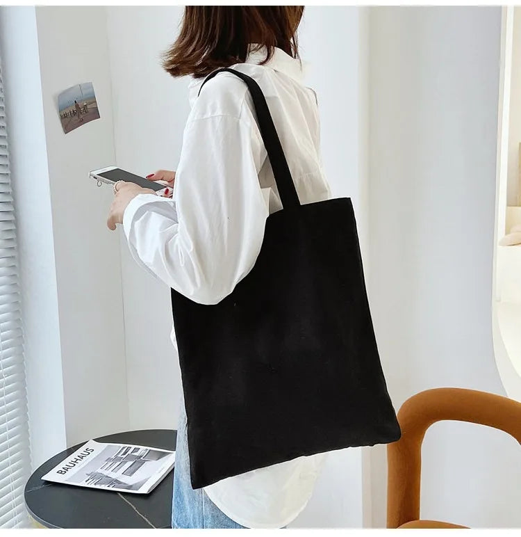 Large Capacity Black White Canvas Shoulder Tote Bag Folding Eco Cotton Handbag Reusable DIY Shoulder Bag Shopping Bag - Tasawoq