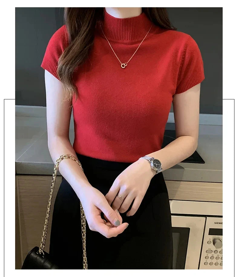 Women's Half-High Neck T-Shirt Fashion Jumper Casual Tops Korean Style Elegant Solid-Coloured Clothing Spring And Summer Season - Tasawoq