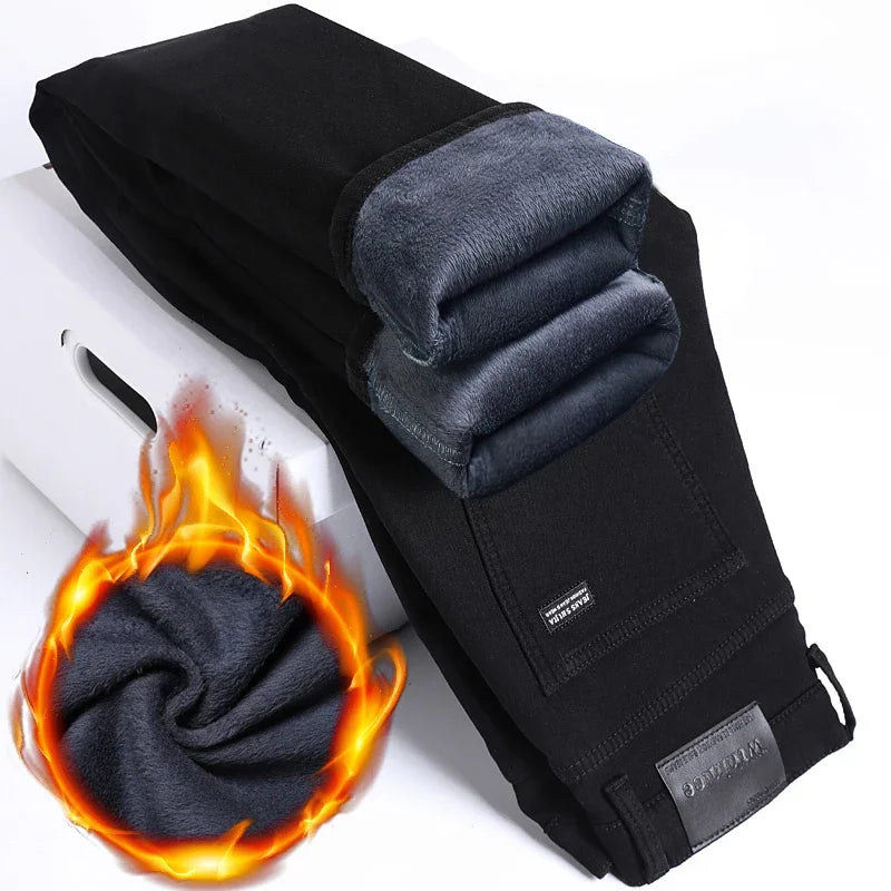 WTHINLEE Winter Men Black Straight Stretch Denim Thick Velvet Pants Warm Jeans Casual Fleece Line Trousers Male Plus Size - Tasawoq