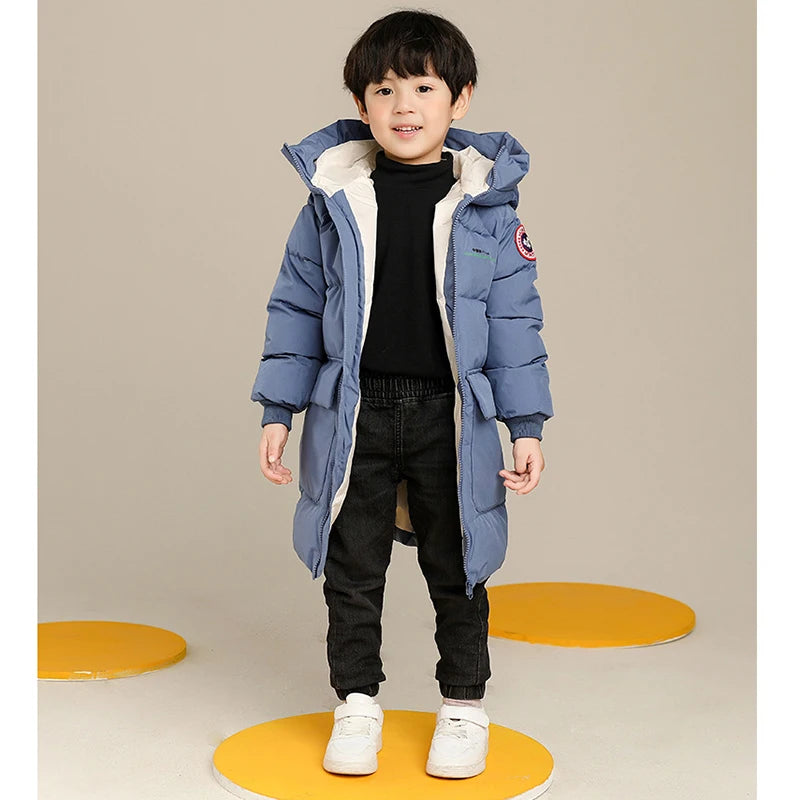 2-10 Years Autumn Winter Boys Jacket Solid Color Long Style Keep Warm Hooded Coat For Kids Children Birthday Present - Tasawoq