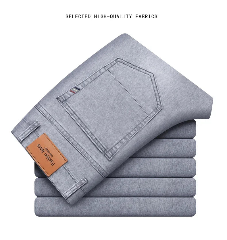 Summer Thin Men's Elastic Cotton Jeans Fashion Gray Comfortable Business Straight Casual Pants Brand Male Clothes Trousers - Tasawoq