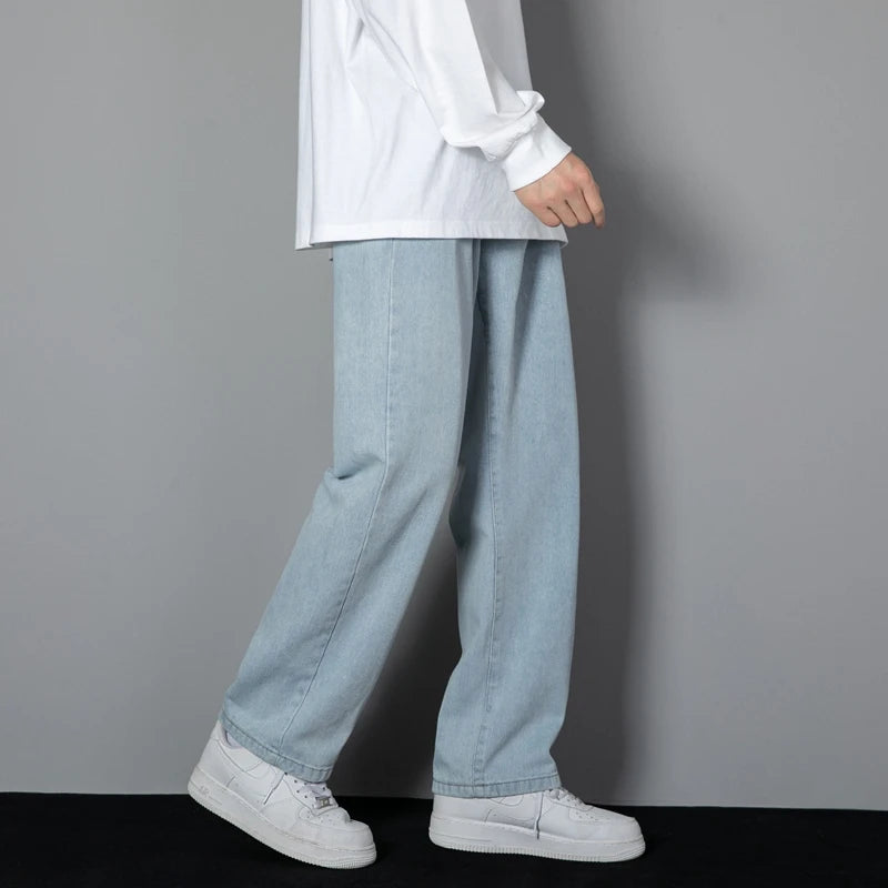 2025 New Korean Men's Casual Long Jeans Classic Man Straight Denim Wide-leg Pants Solid Color Light Blue Grey Black - Tasawoq