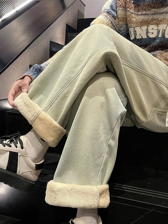 Winter Men's Jeans Korean Fashion Fleece Liner Thick Warm Straight Denim Pants Washed Cotton Retro Blue Wide Leg Jean Trousers - Tasawoq