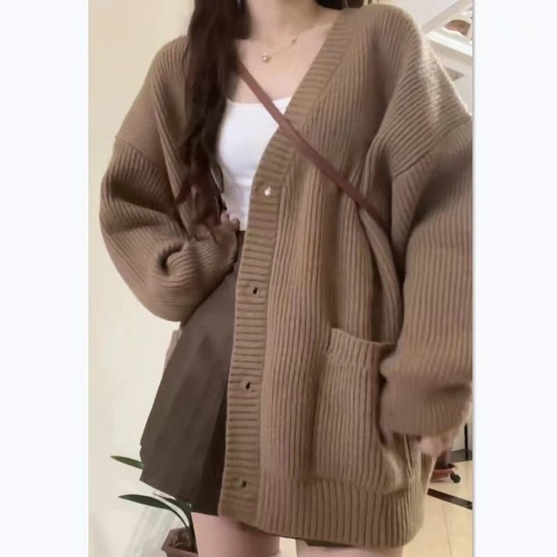 Autumn Winter Women Cardigan Sweater Coats Fashion Female Long Sleeve V-neck Loose Knitted Jackets Casual Sweater Cardigans - Tasawoq