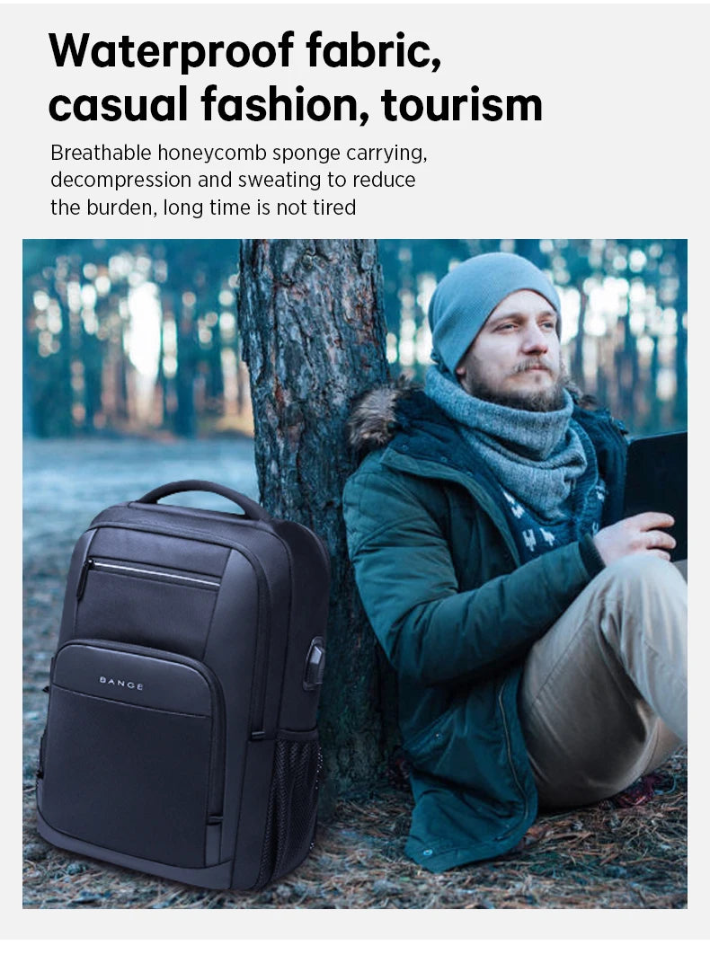 BANGE Travel Waterproof Backpack with USB Charging Port Fit 15.6 Inch Laptop Backpacks for Men and Women, Teenager School Bags - Tasawoq
