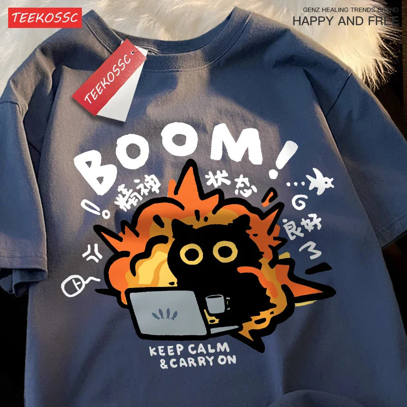 Good Mental State Pure Cotton Short Sleeved t-shirt For Men Women 2024 Summer New Tee Clothes Loose Casual Cartoon Oversized Top - Tasawoq