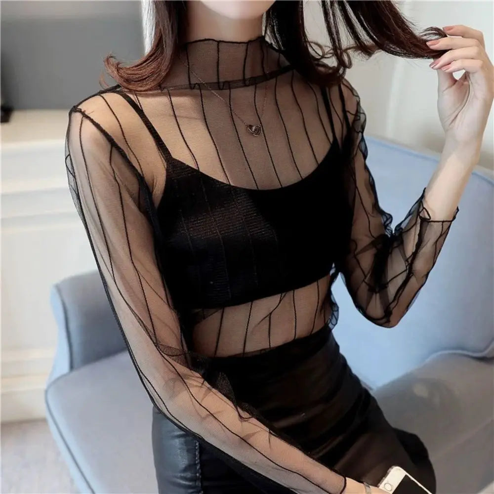 Sexy Women Mesh T-Shirts See-Through Perspective Tshirt Sunscreen Tops Long Sleeve Bottoming Shirts Club Party Black Tee Shirts - Tasawoq