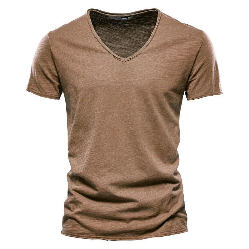 AIOPESON 100% Cotton Men T-shirt V-neck Fashion Design Slim Fit Soild T-shirts Male Tops Tees Short Sleeve T Shirt For Men - Tasawoq