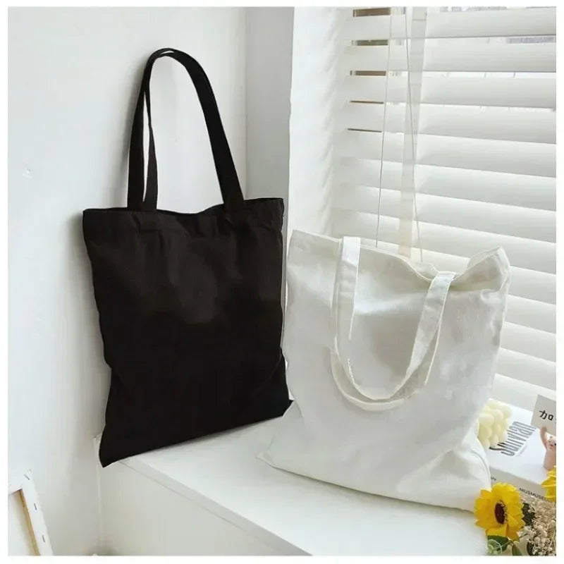 Large Capacity Black White Canvas Shoulder Tote Bag Folding Eco Cotton Handbag Reusable DIY Shoulder Bag Shopping Bag - Tasawoq