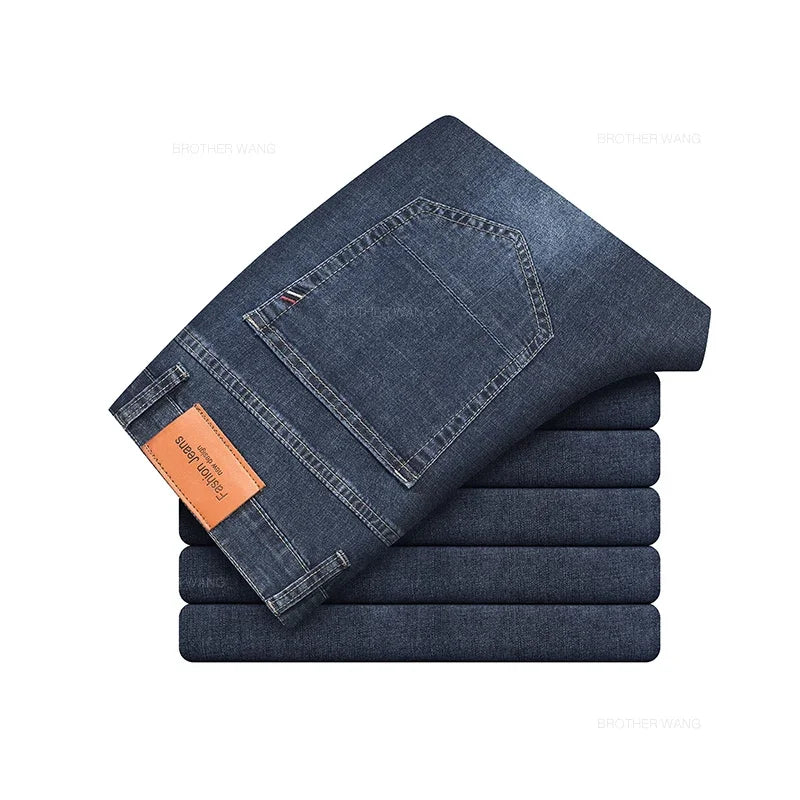 Summer Thin Men's Elastic Cotton Jeans Fashion Gray Comfortable Business Straight Casual Pants Brand Male Clothes Trousers - Tasawoq