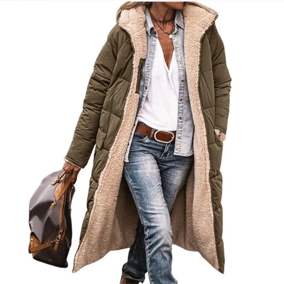 Winter Hooded Quilted Jacket For Women Solid Reversible Long Sleeve Thick Coat Warm Fashion Long Outerwear Casual Puffer Coats - Tasawoq