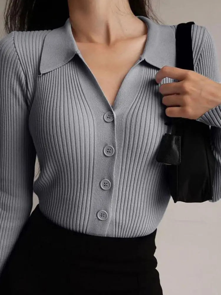 AOSSVIAO 2025 Ladies Buttons Sexy V Neck Long Sleeve POLO Neck Knit Cardigan Sweater Women Lapel Slim Tops - Tasawoq