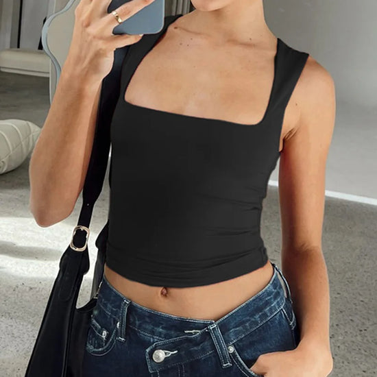 Sleeveless Collar Crop Top Women Tank Tops Casual Y2K Summer 2024 Black T Shirts Sexy - Tasawoq