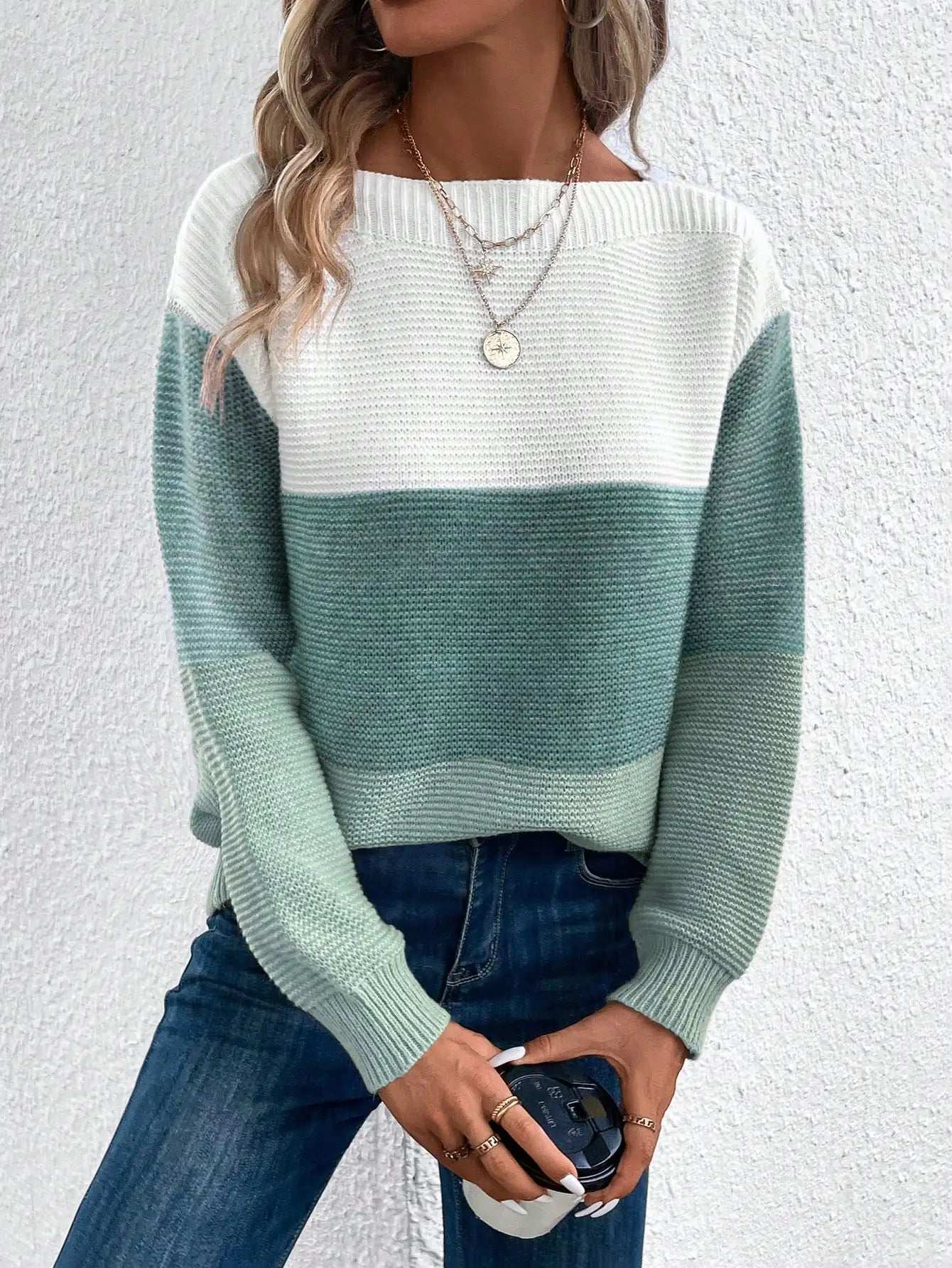 Elegant Three-color Patchwork Sweater Women Daily Commuter Casual Loose Jumpers Female Autumn Winter Knitted Thickened Warm Tops - Tasawoq