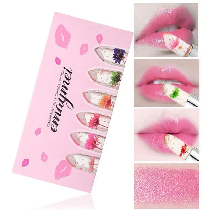 make up 6pcs Lipstick Set Flower Jelly Crystal Clear Long Lasting Lips Color Change Pink lip gloss Cosmetics - Tasawoq