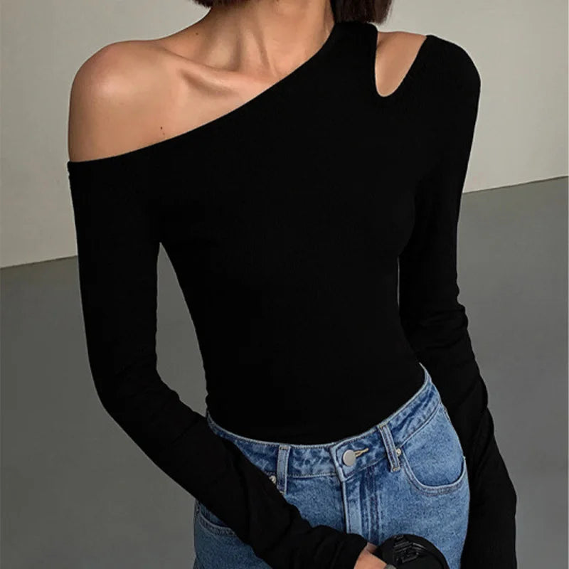 Fashion Skew Collar Off-shoulder Long-sleeved T-shirts Women Spring New Solid Slim Fit Crop Top Sexy Hollow Out Tees Shirts - Tasawoq