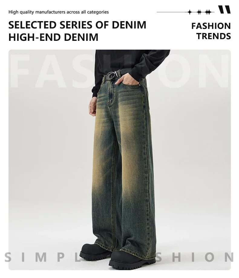 4 Colors Autumn Vintage Distressed Men's Baggy Straight Jeans Fashion Korean High Street Denim Pants Streetwear Male Trousers - Tasawoq