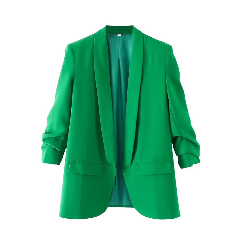TRZA Women Fashion Office Wear Open Blazer Coat Vintage Long Pleated Sleeves Flap Pockets Female Outerwear Chic Tops - Tasawoq