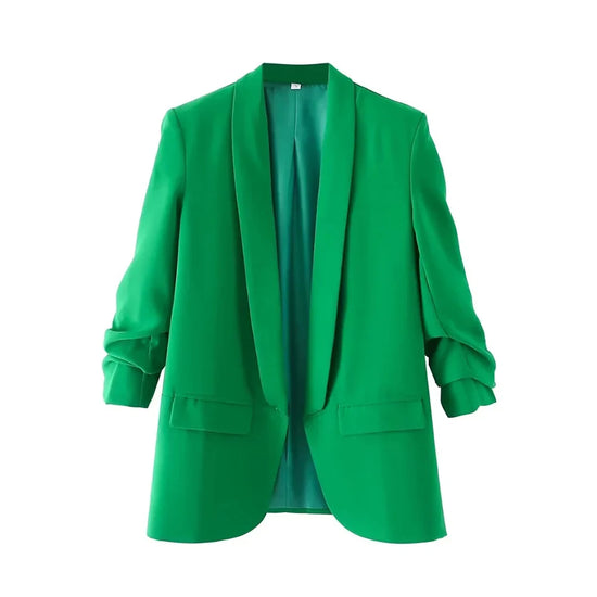 TRZA Women Fashion Office Wear Open Blazer Coat Vintage Long Pleated Sleeves Flap Pockets Female Outerwear Chic Tops - Tasawoq