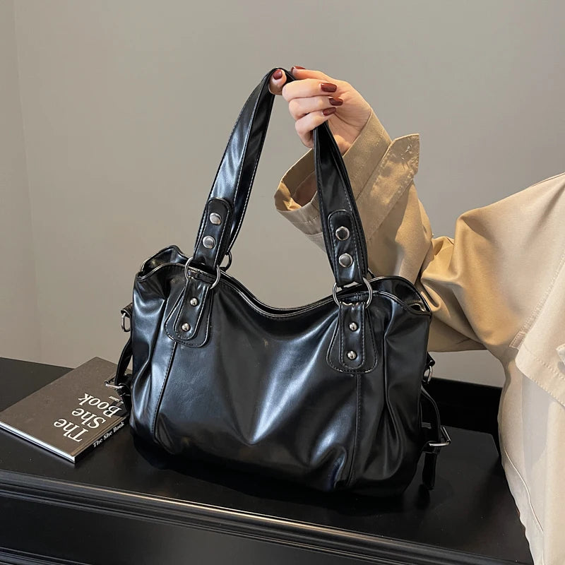 1 Piece Women's Pure Color Pu Retro Large Capacity Shoulder Tote Bag - Tasawoq