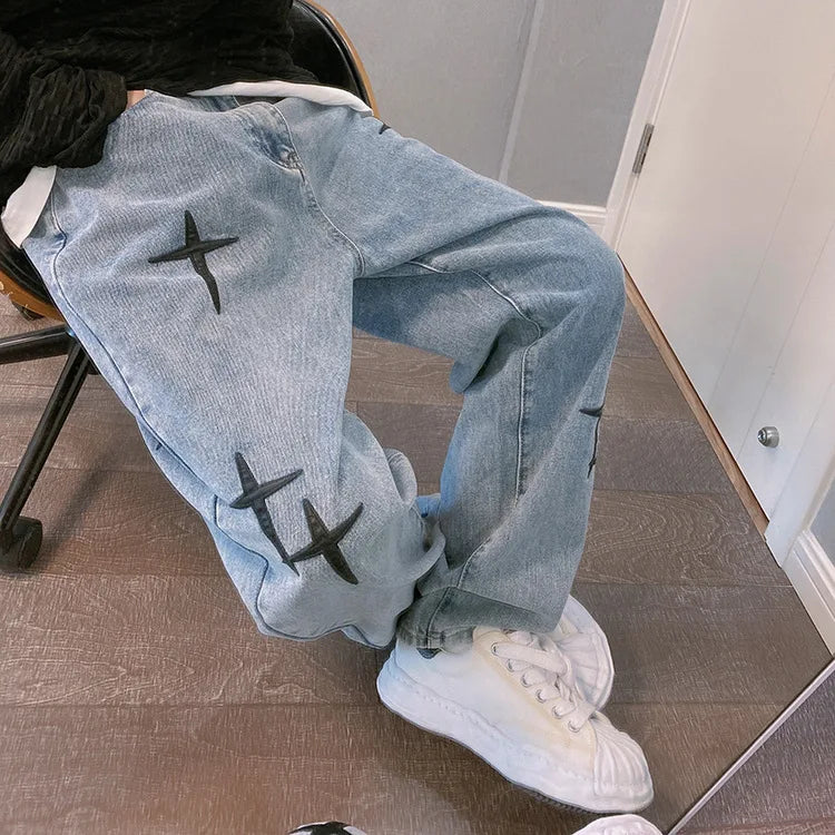 Prints Jeans Men 2023 New Streetwear Baggy Wide Leg Jeans Korean Fashion Drapes Straight Casual Loose Denim Cargo Pants - Tasawoq