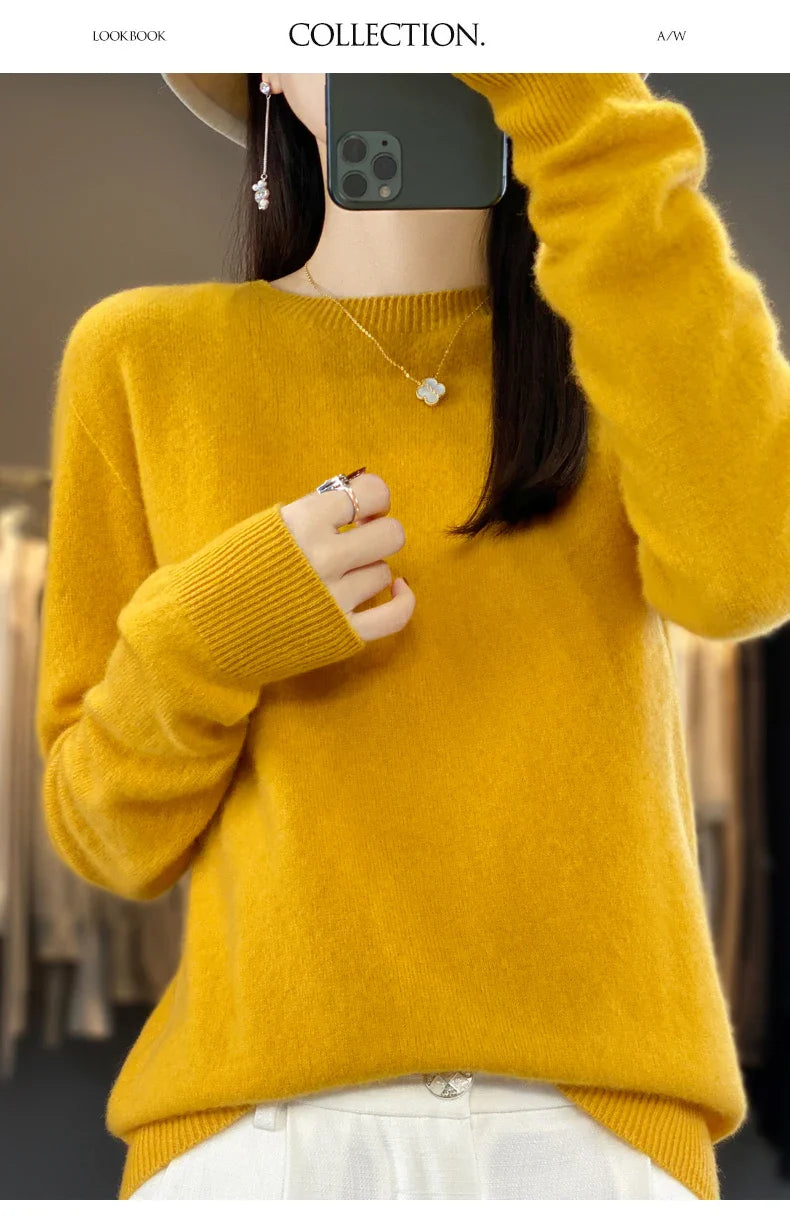 Women's 100% Beautiful Wool Round Neck Top Fashion Versatile Knitted Loose Long Sleeve Pullover Thin Sweater Yuan Ling - Tasawoq