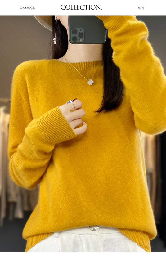 Women's 100% Beautiful Wool Round Neck Top Fashion Versatile Knitted Loose Long Sleeve Pullover Thin Sweater Yuan Ling - Tasawoq